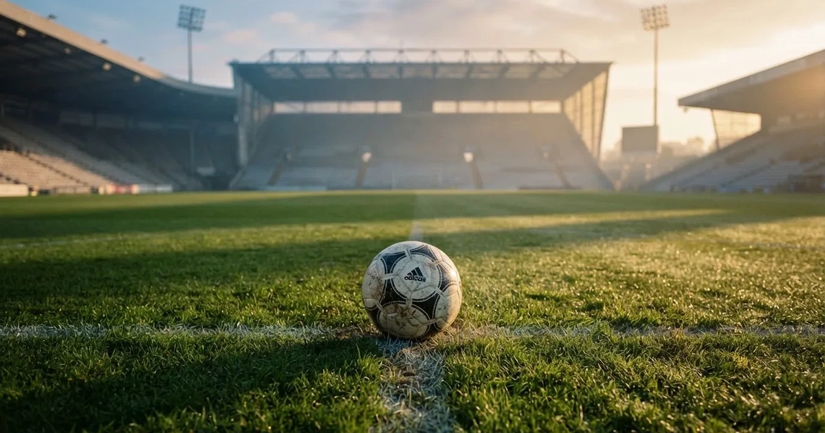 Een voetbal op de middenstip van een grasveld in het ochtendlicht