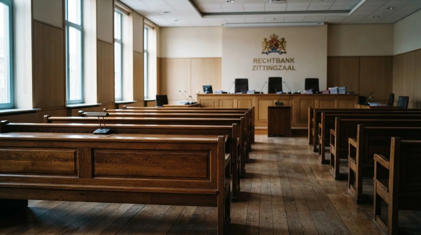 Een lege rechtszaal met houten banken in het ochtendlicht