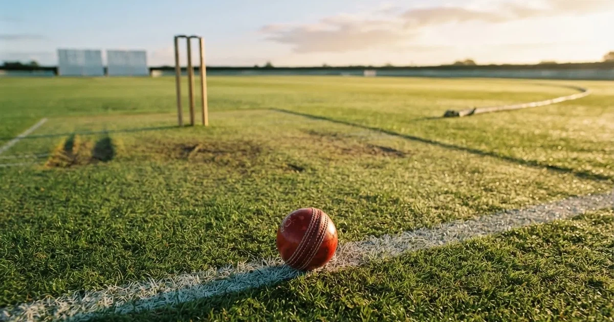 Een voetbal op de middenstip van een grasveld in het ochtendlicht