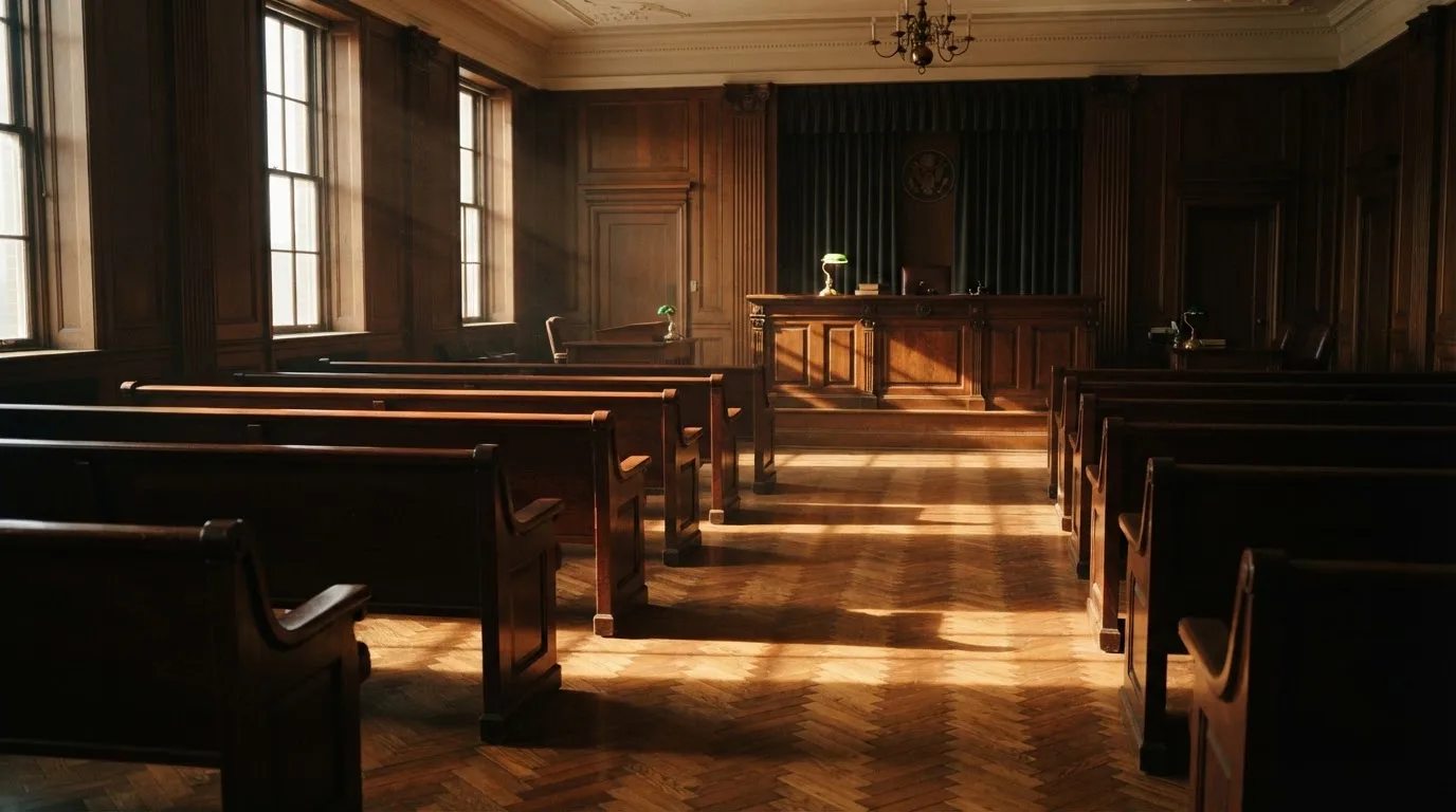 Een lege rechtszaal met houten banken in het ochtendlicht
