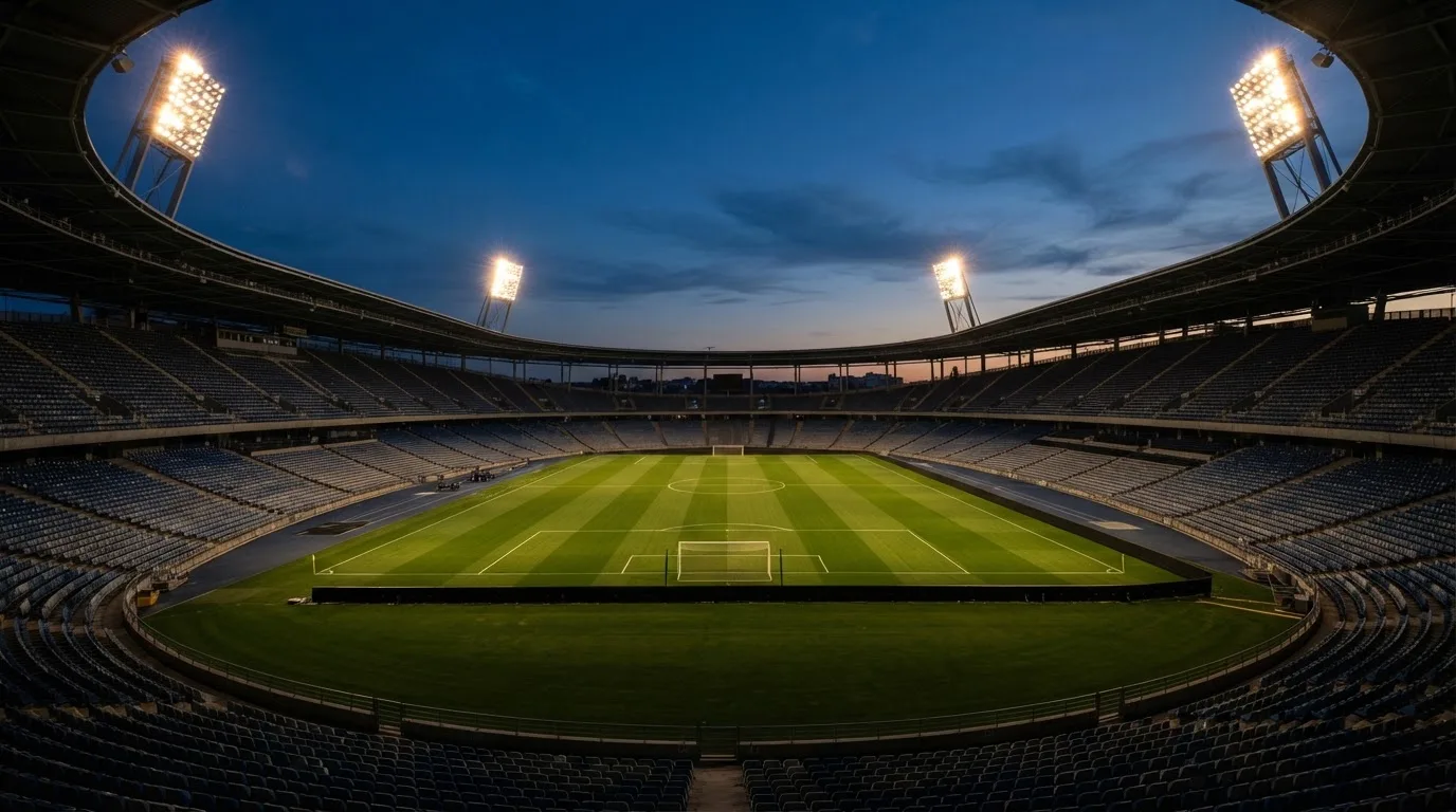 Een leeg voetbalstadion met lichtmasten bij schemering