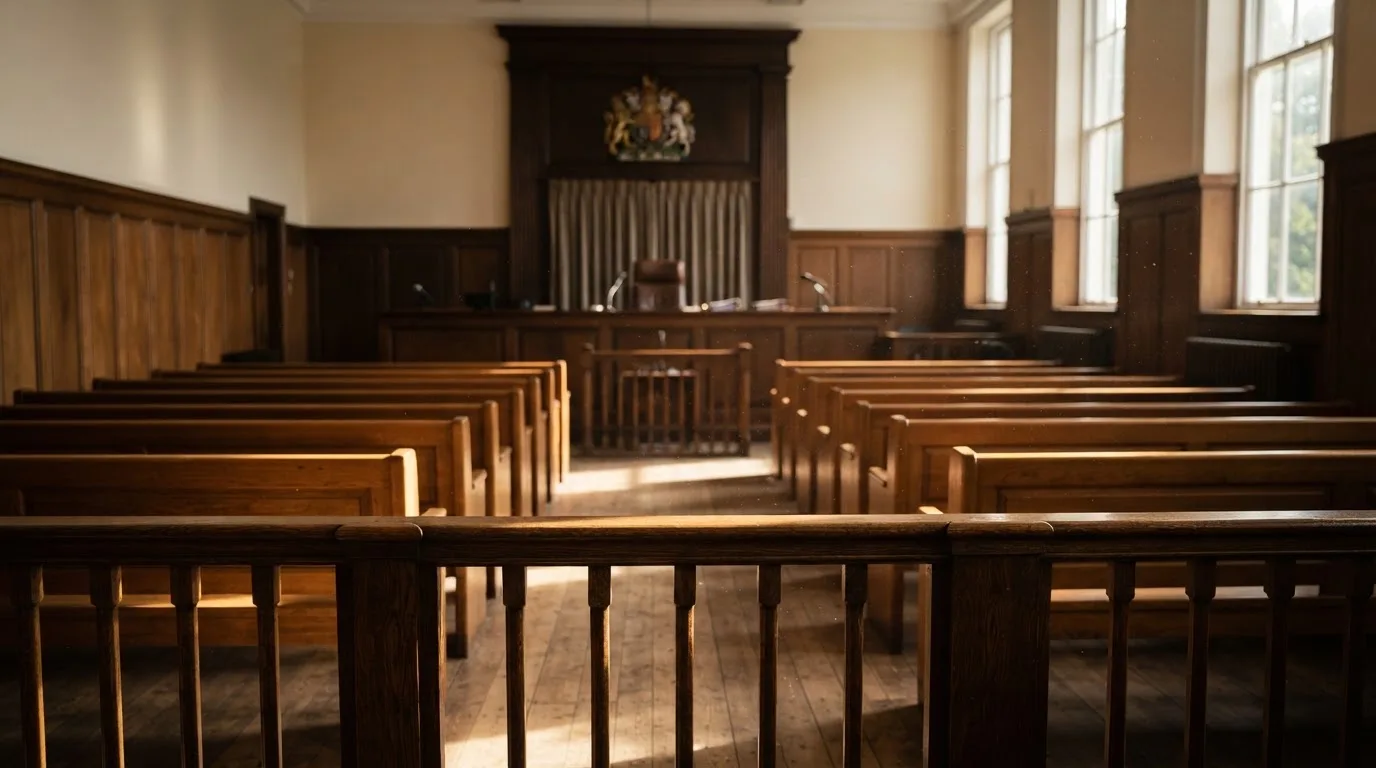 Een lege rechtszaal met houten banken in het ochtendlicht