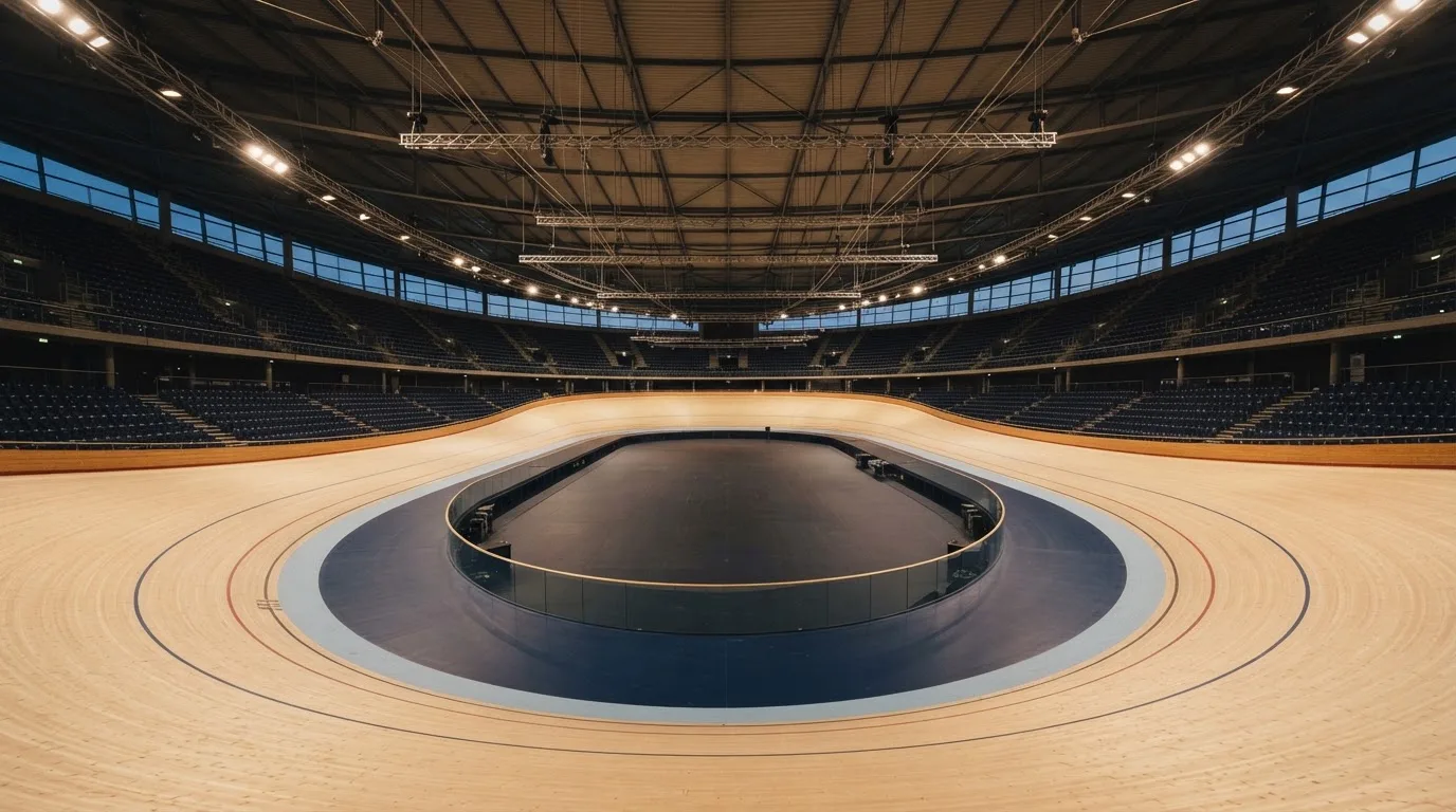 Een leeg voetbalstadion met lichtmasten bij schemering