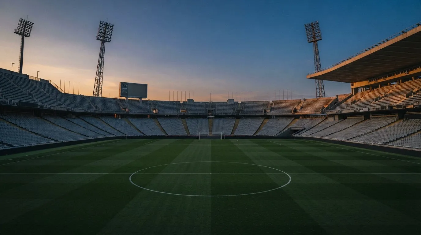 Een leeg voetbalstadion met lichtmasten bij schemering